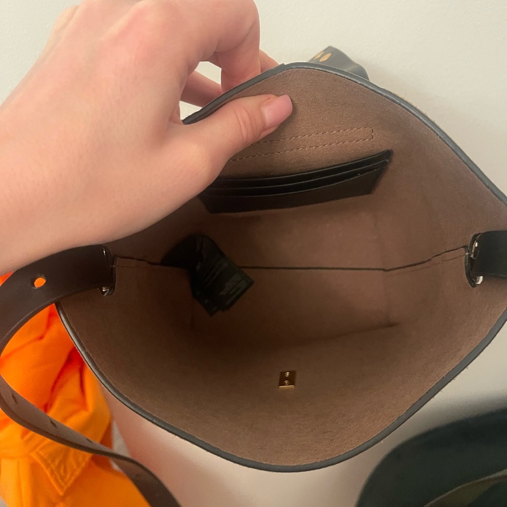 AllSaints Suede Crossbody Bucket Bag in Taupe with Black Strap - Picture 12 of 13